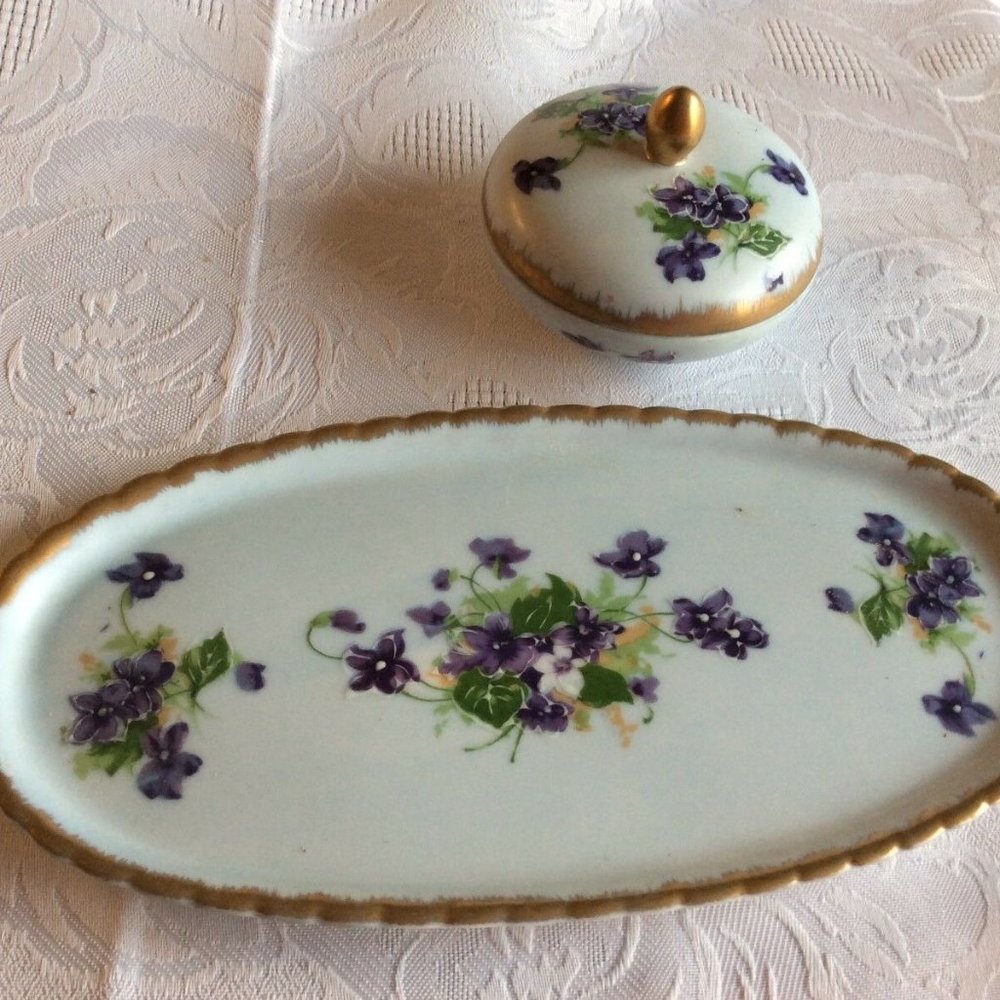 Sweet Violet Porcelain Vanity Tray & Trinket Box